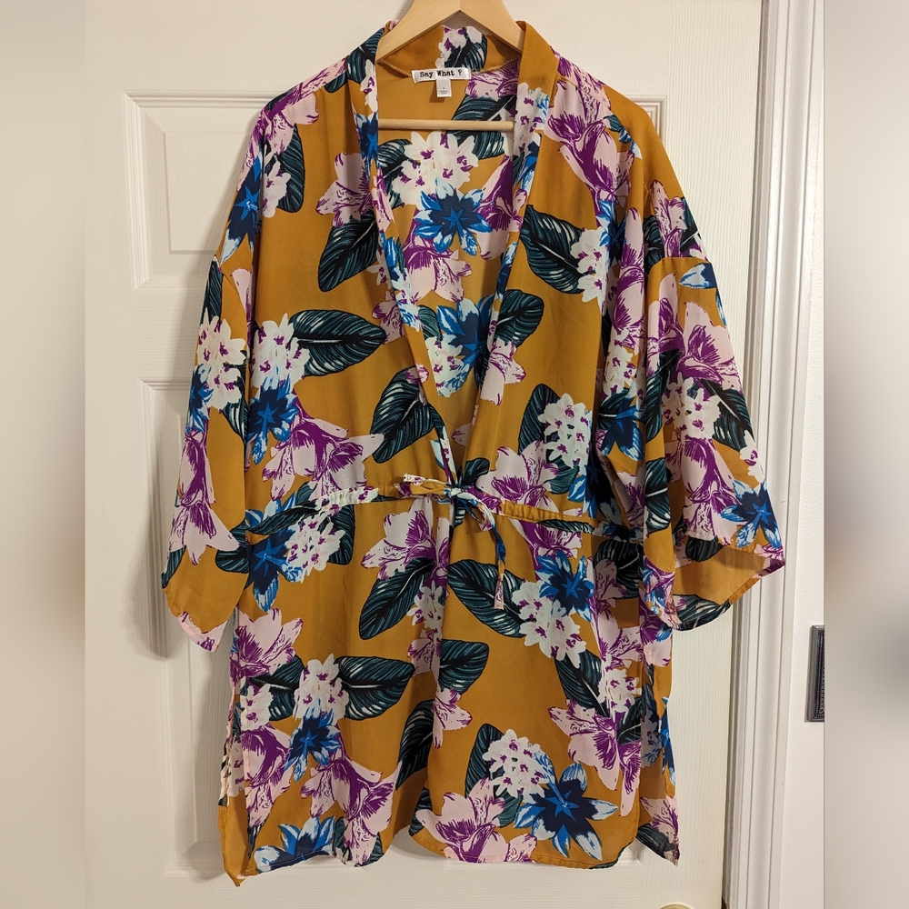 Say What ? Yellow Tropic floral tie front cover up kimono size small